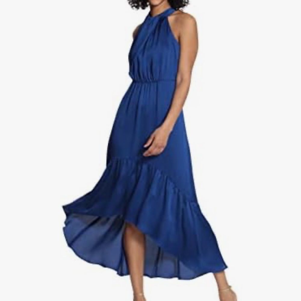 NWT Maggy London Blue Halter Neck Satin ruffle Dress